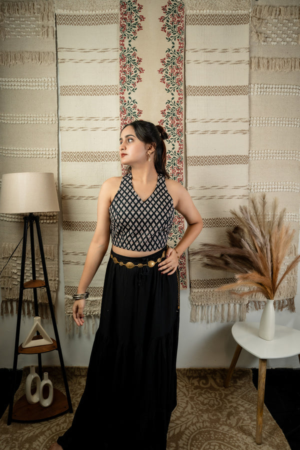 Black Ajrakh Halter Corset Crop Top
