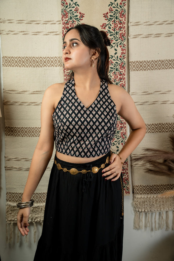 Black Ajrakh Halter Corset Crop Top
