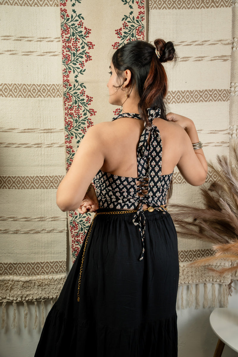 Black Ajrakh Halter Corset Crop Top