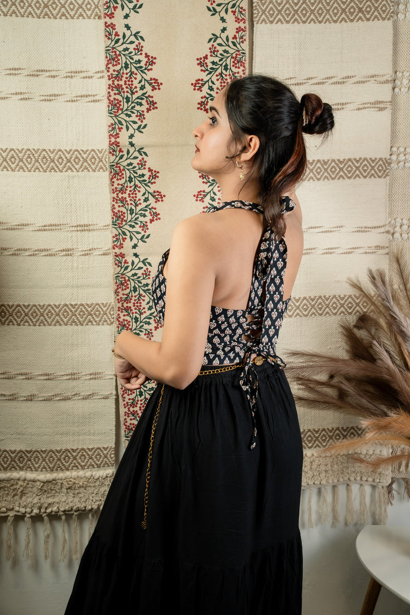 Black Ajrakh Halter Corset Crop Top