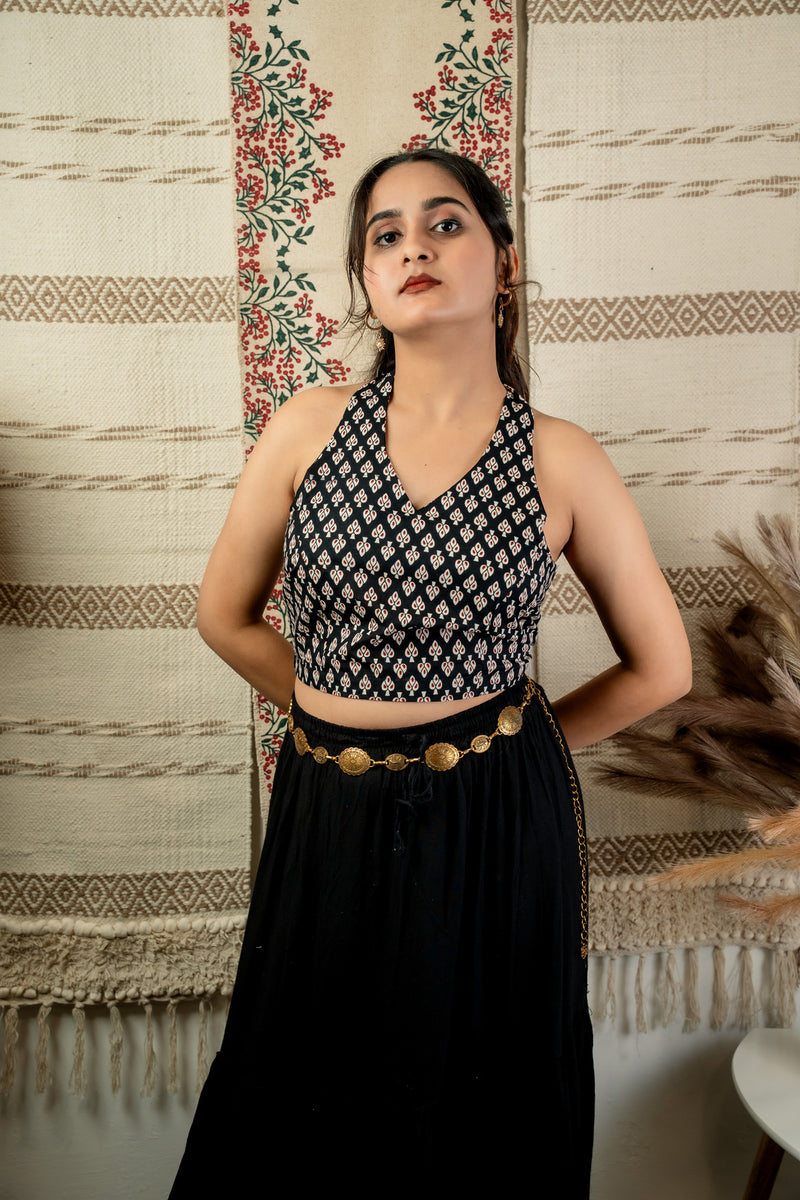 Black Ajrakh Halter Corset Crop Top